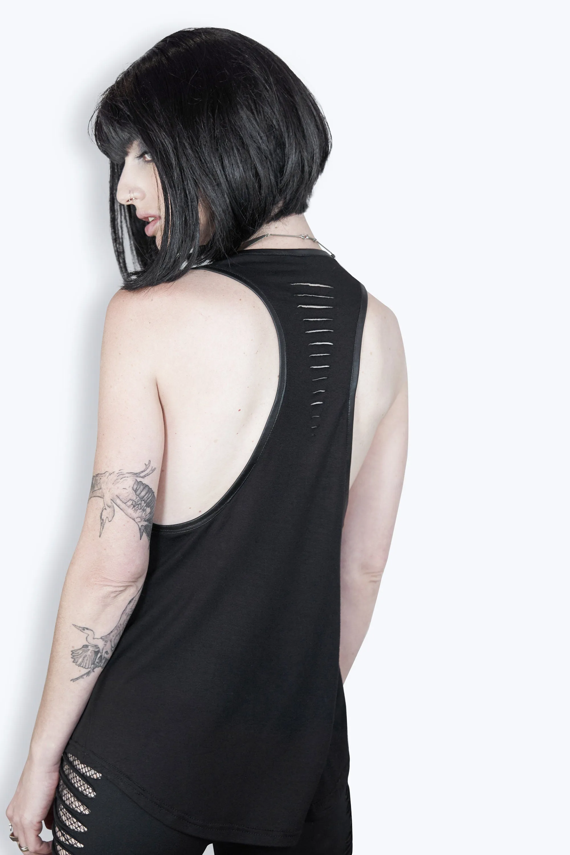 Leather detail laser engraved amulet recer back tank top