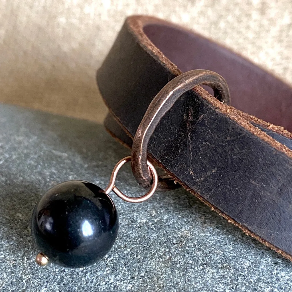 Leather Double-Wrap Bracelet With Shungite Bead on Copper Ring