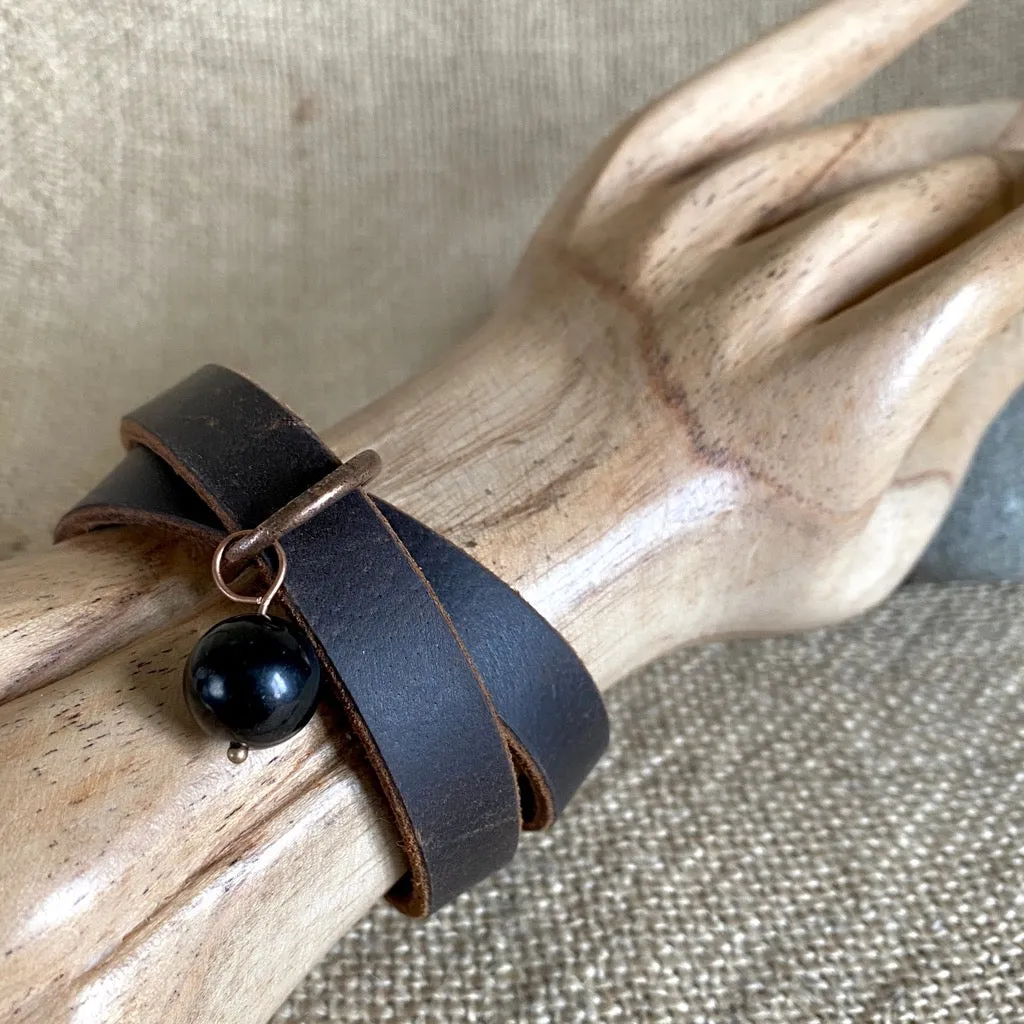 Leather Double-Wrap Bracelet With Shungite Bead on Copper Ring