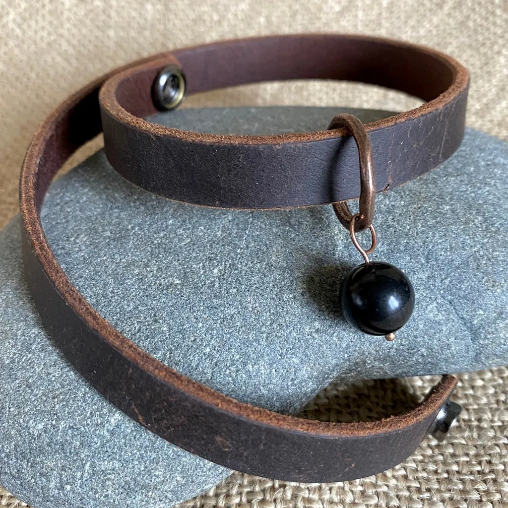 Leather Double-Wrap Bracelet With Shungite Bead on Copper Ring