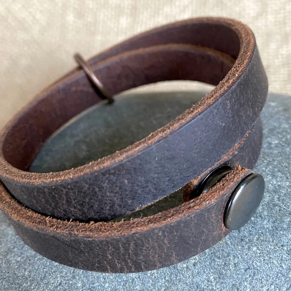 Leather Double-Wrap Bracelet With Shungite Bead on Copper Ring