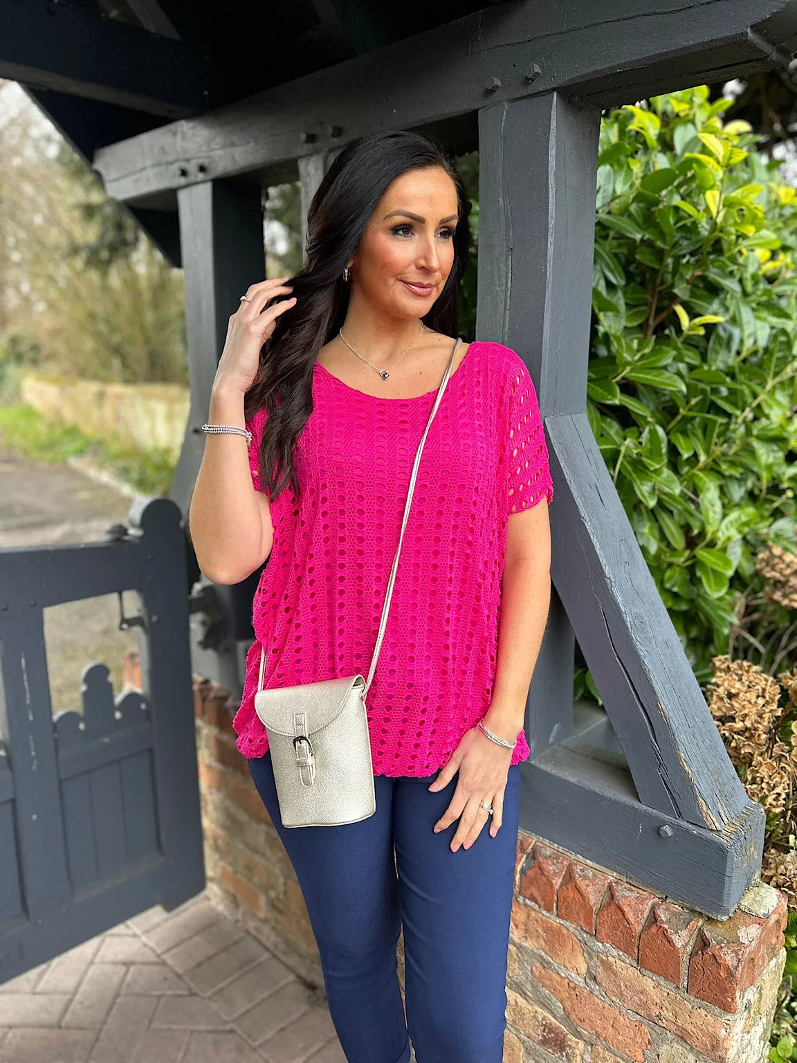 Lipstick Pink Short Sleeve Multi Holes Top Finn