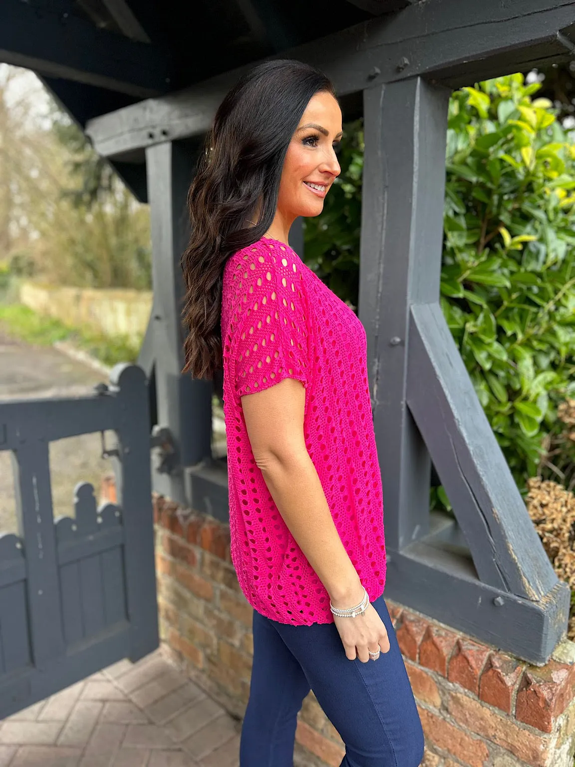 Lipstick Pink Short Sleeve Multi Holes Top Finn