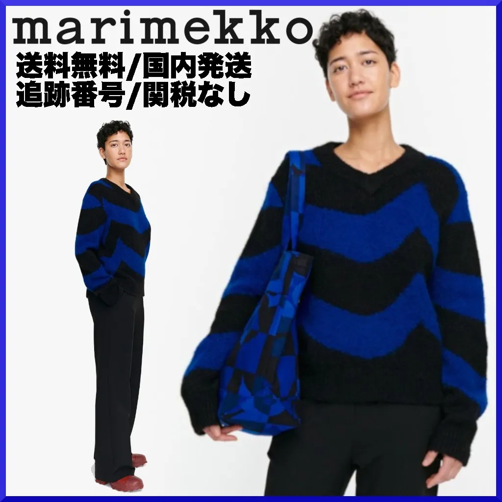 marimekko  |Casual Style Wool Nylon Rib Street Style V-Neck Long Sleeves