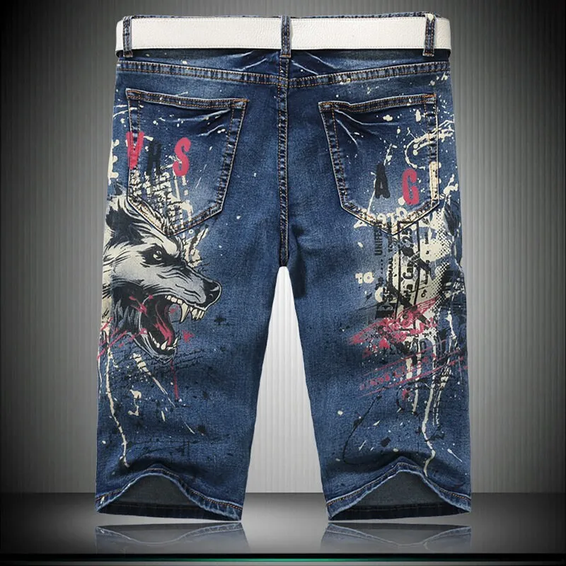 Men's Summer Denim Hip-Hop Style Printed Pattern Knee Length Shorts