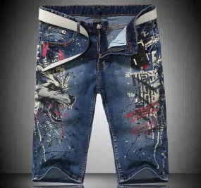 Men's Summer Denim Hip-Hop Style Printed Pattern Knee Length Shorts