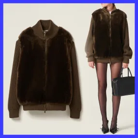 MiuMiu  |Wool Long Sleeves Plain Leather Logo Cardigans