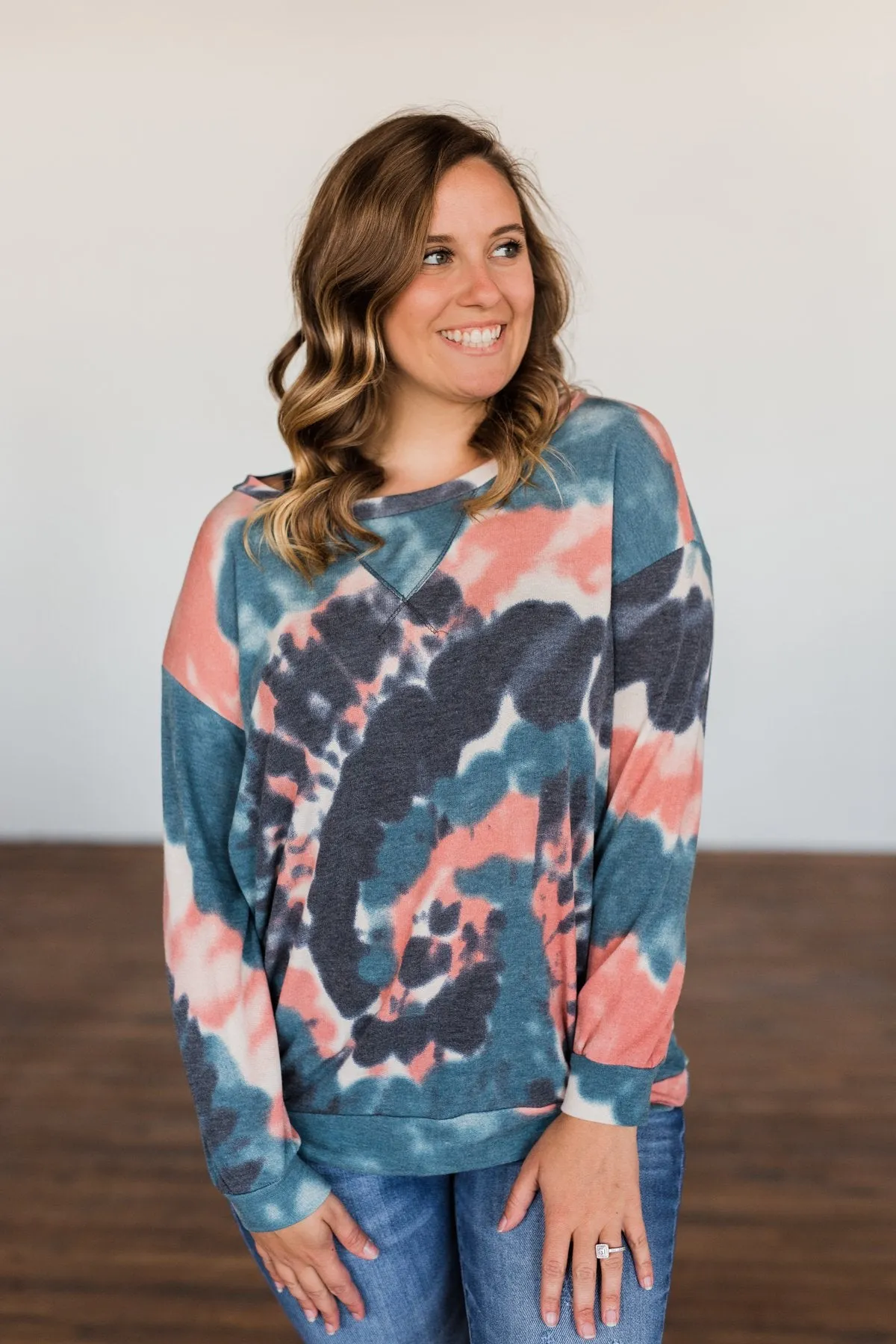 Not Even Close Tie Dye Pullover Top- Dusty Peach & Navy