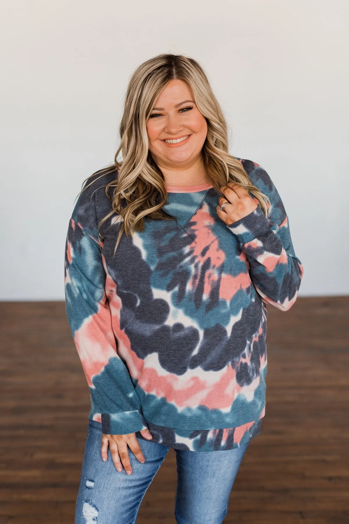 Not Even Close Tie Dye Pullover Top- Dusty Peach & Navy