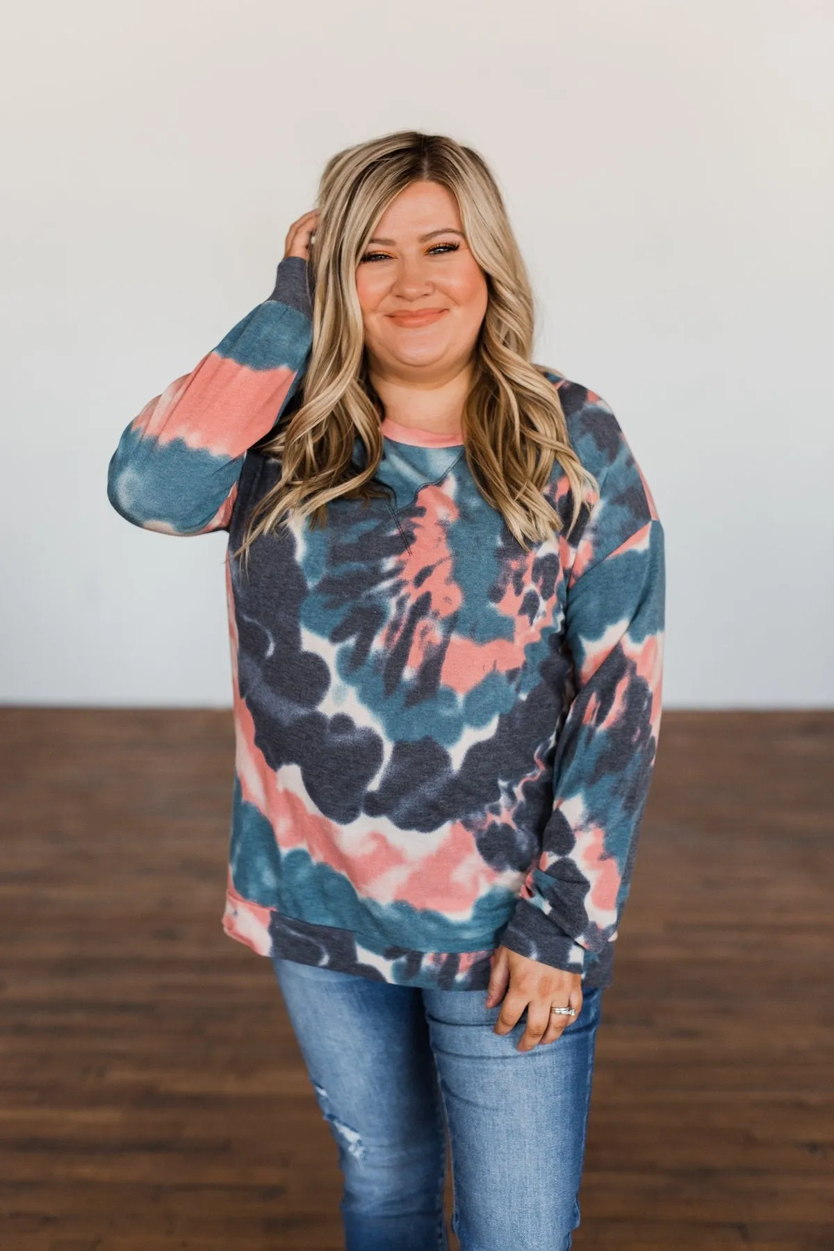 Not Even Close Tie Dye Pullover Top- Dusty Peach & Navy