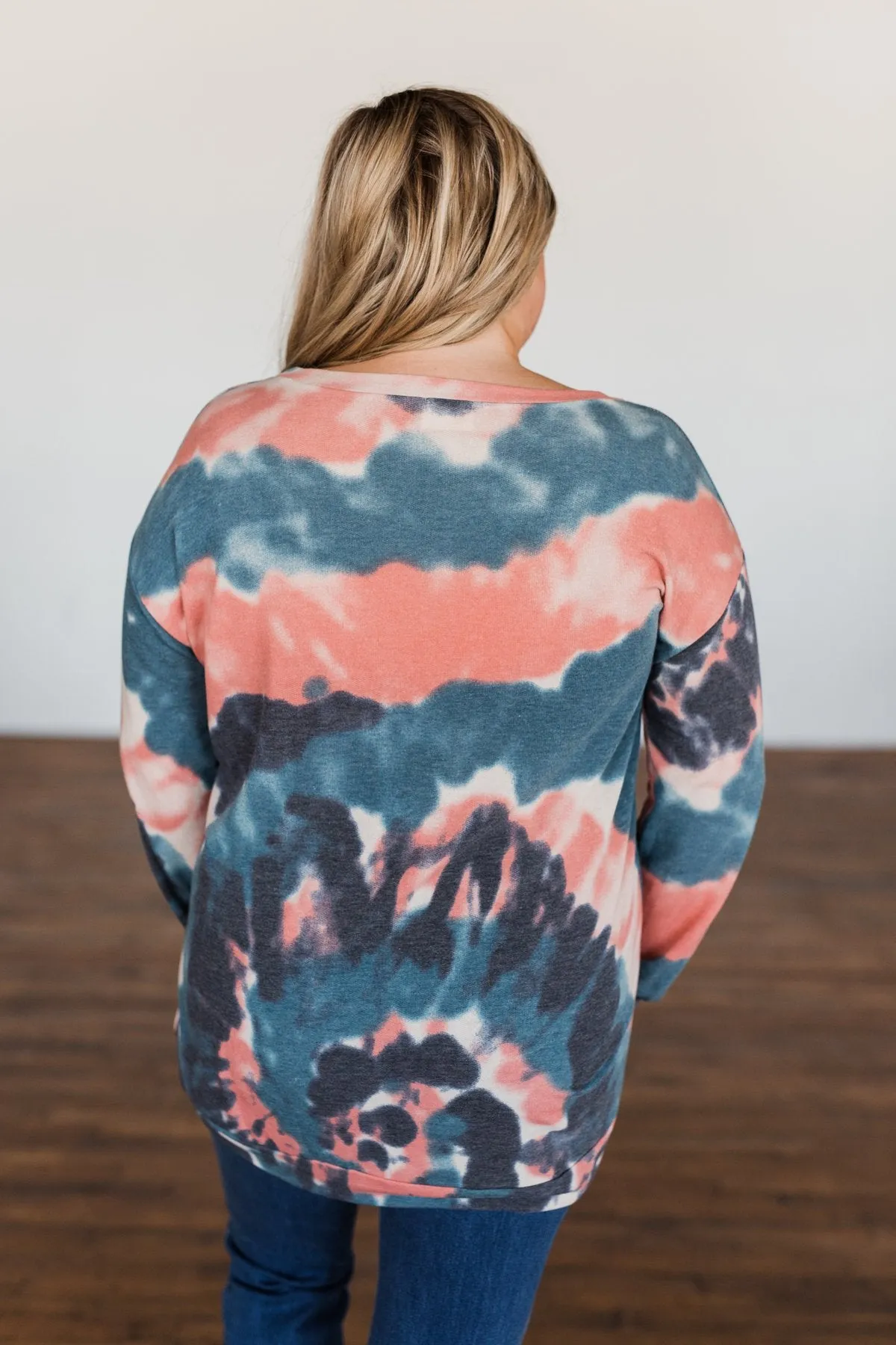 Not Even Close Tie Dye Pullover Top- Dusty Peach & Navy