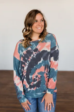 Not Even Close Tie Dye Pullover Top- Dusty Peach & Navy