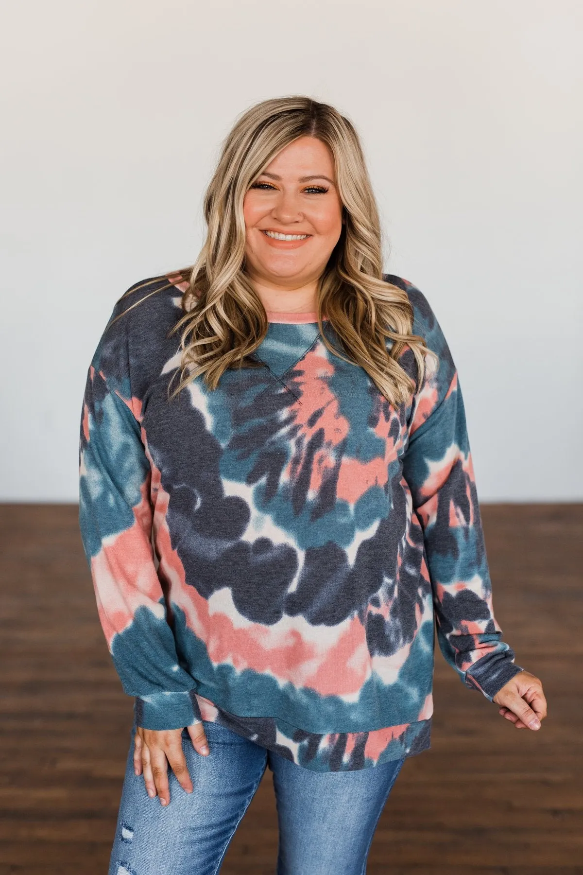 Not Even Close Tie Dye Pullover Top- Dusty Peach & Navy