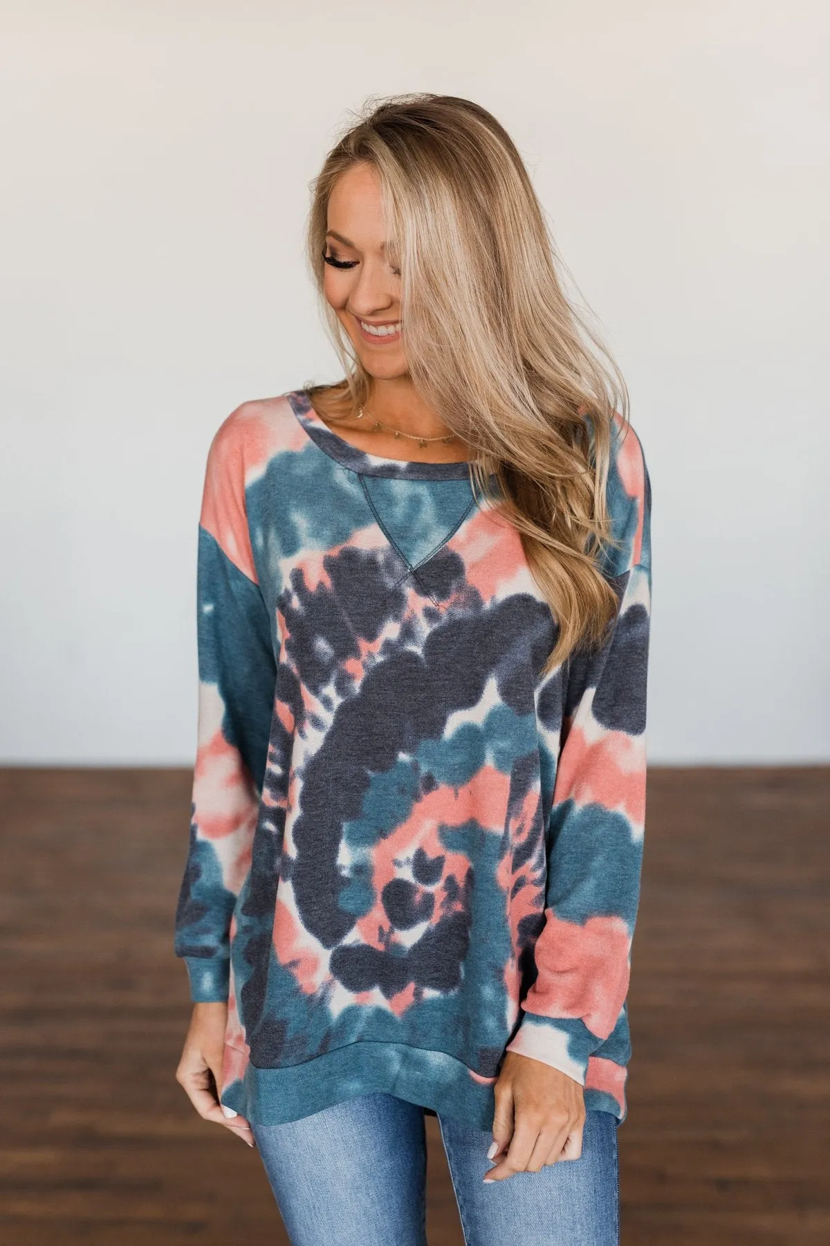 Not Even Close Tie Dye Pullover Top- Dusty Peach & Navy