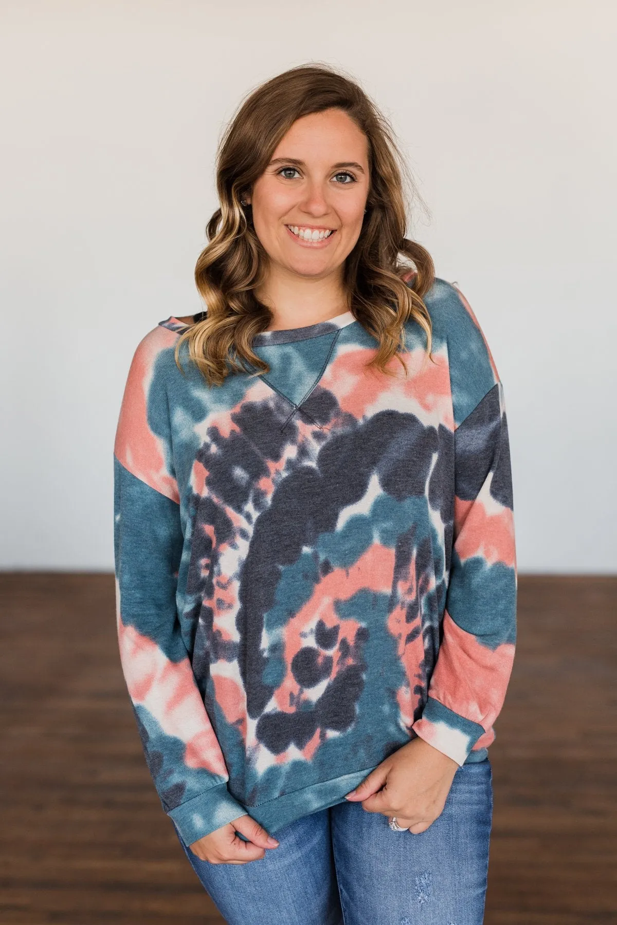 Not Even Close Tie Dye Pullover Top- Dusty Peach & Navy