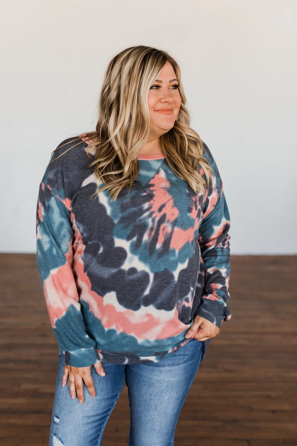 Not Even Close Tie Dye Pullover Top- Dusty Peach & Navy