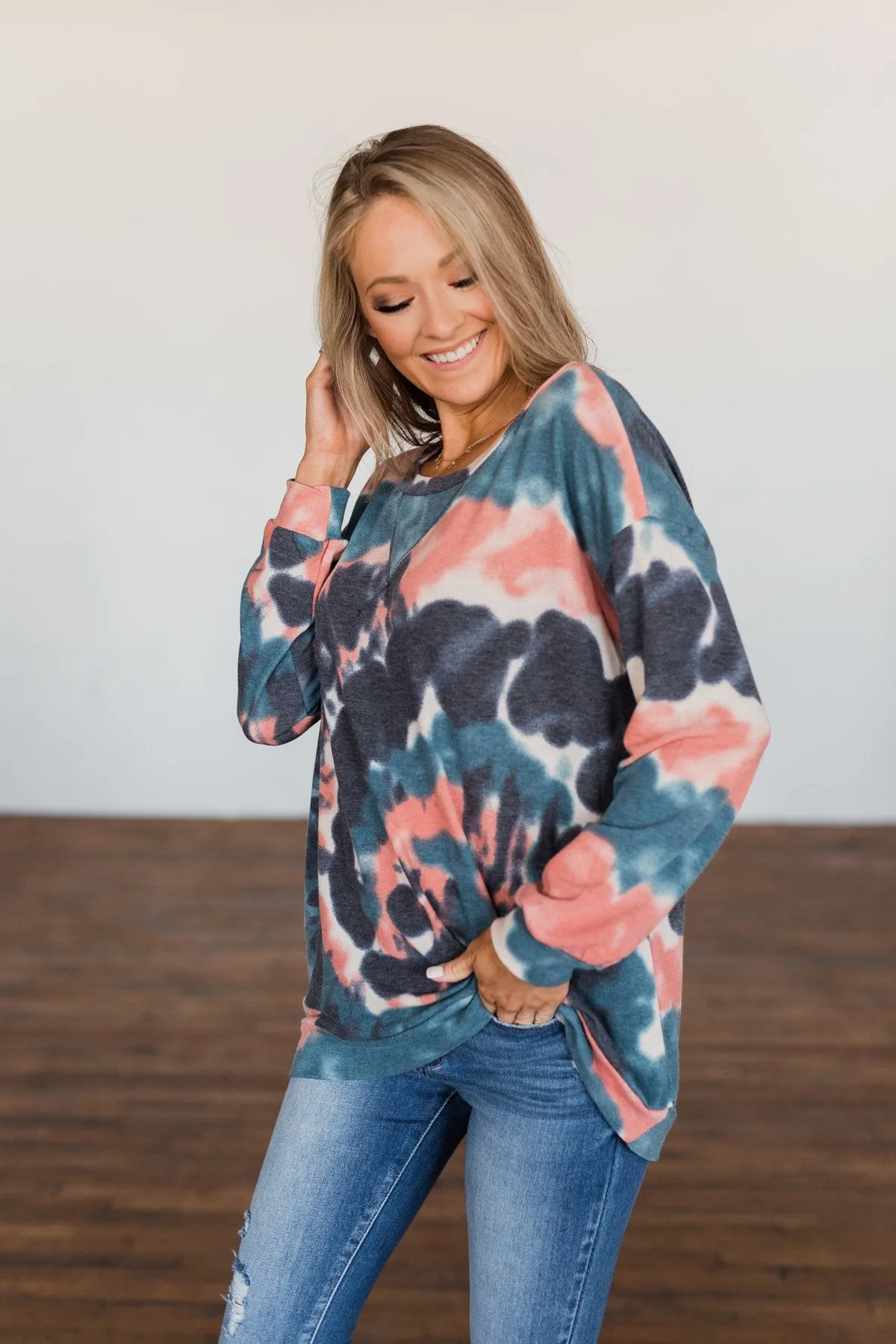 Not Even Close Tie Dye Pullover Top- Dusty Peach & Navy