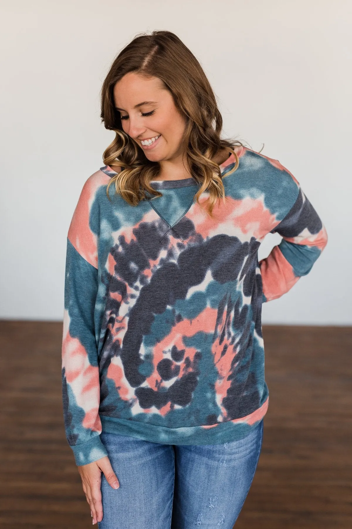 Not Even Close Tie Dye Pullover Top- Dusty Peach & Navy