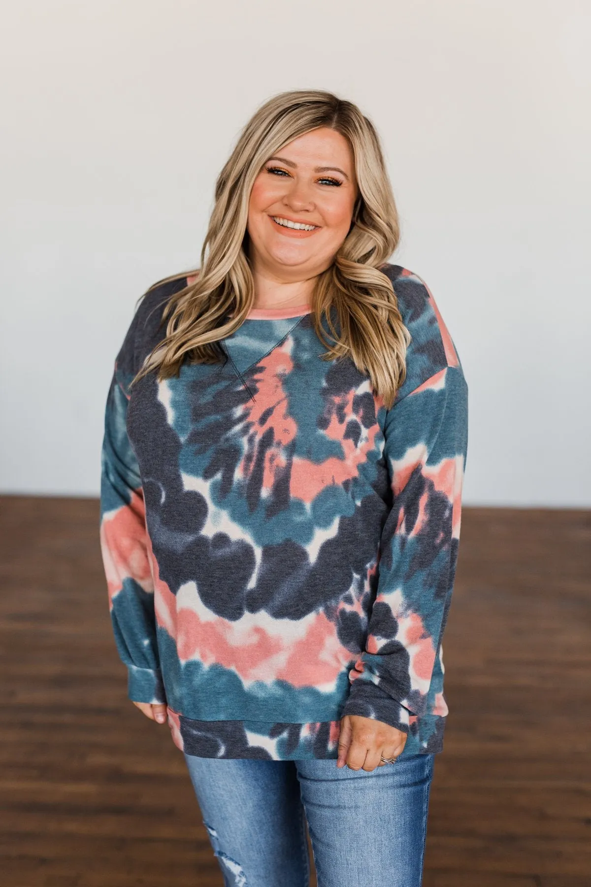 Not Even Close Tie Dye Pullover Top- Dusty Peach & Navy