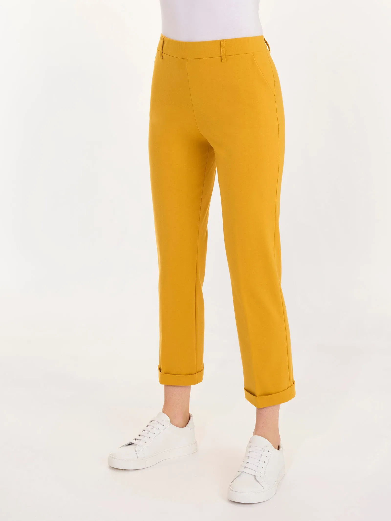 Pantalone dritto con tasche corto in Compact Light - Golden Spice