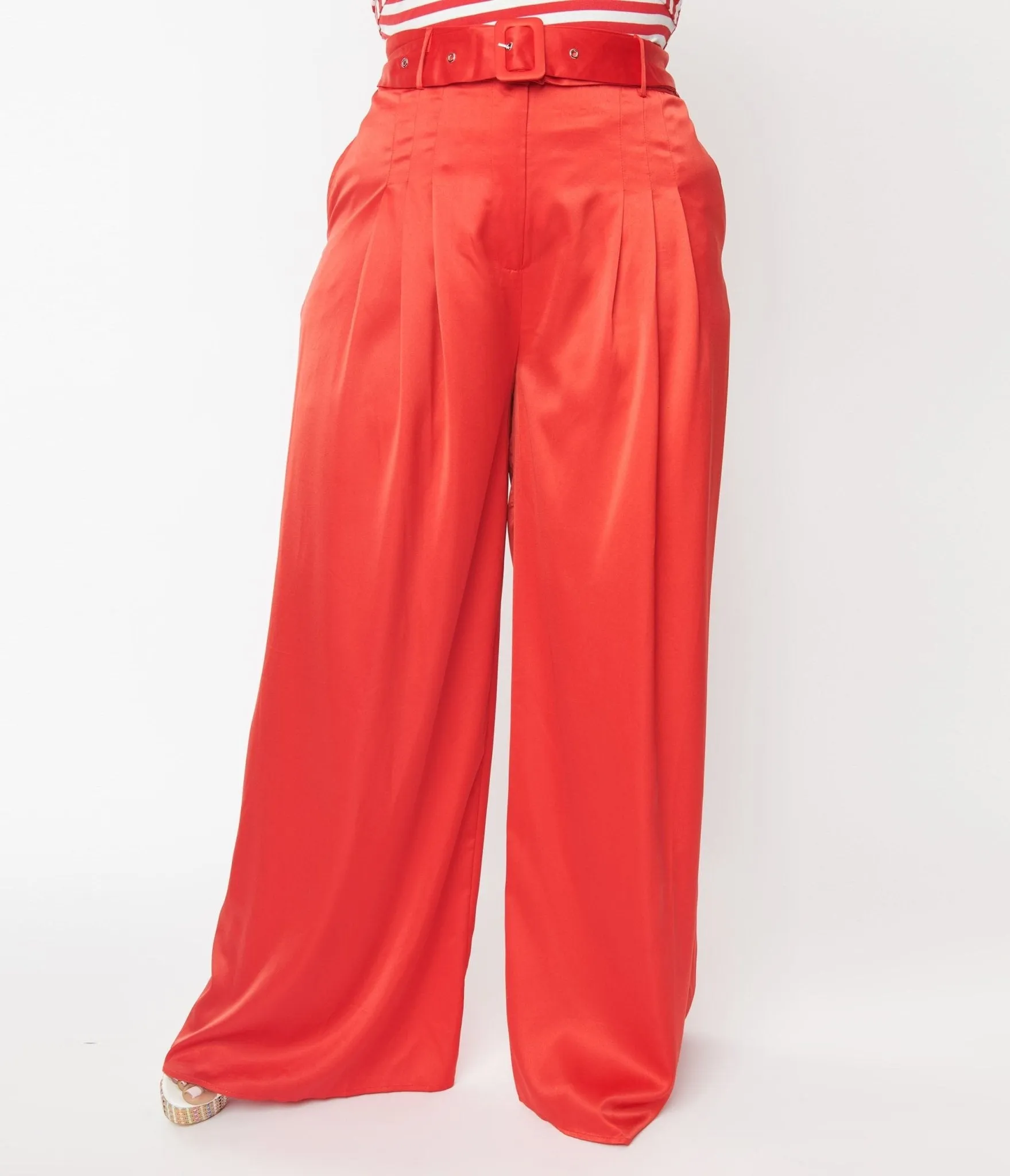 Plus Size 1970s Red Satin Belted Wide Leg Pants