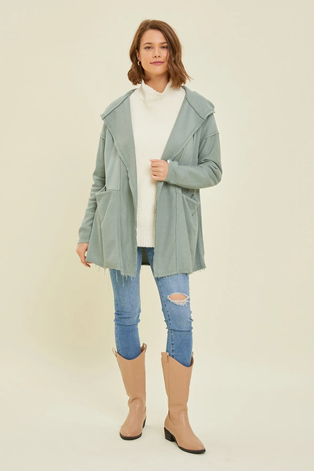 Sage Raw Hem Hooded Maternity Cardigan