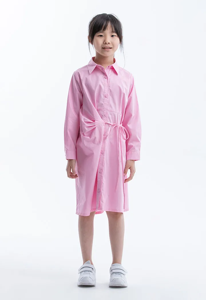 Solid Collared Self-Tie Cotton Shirt Dress