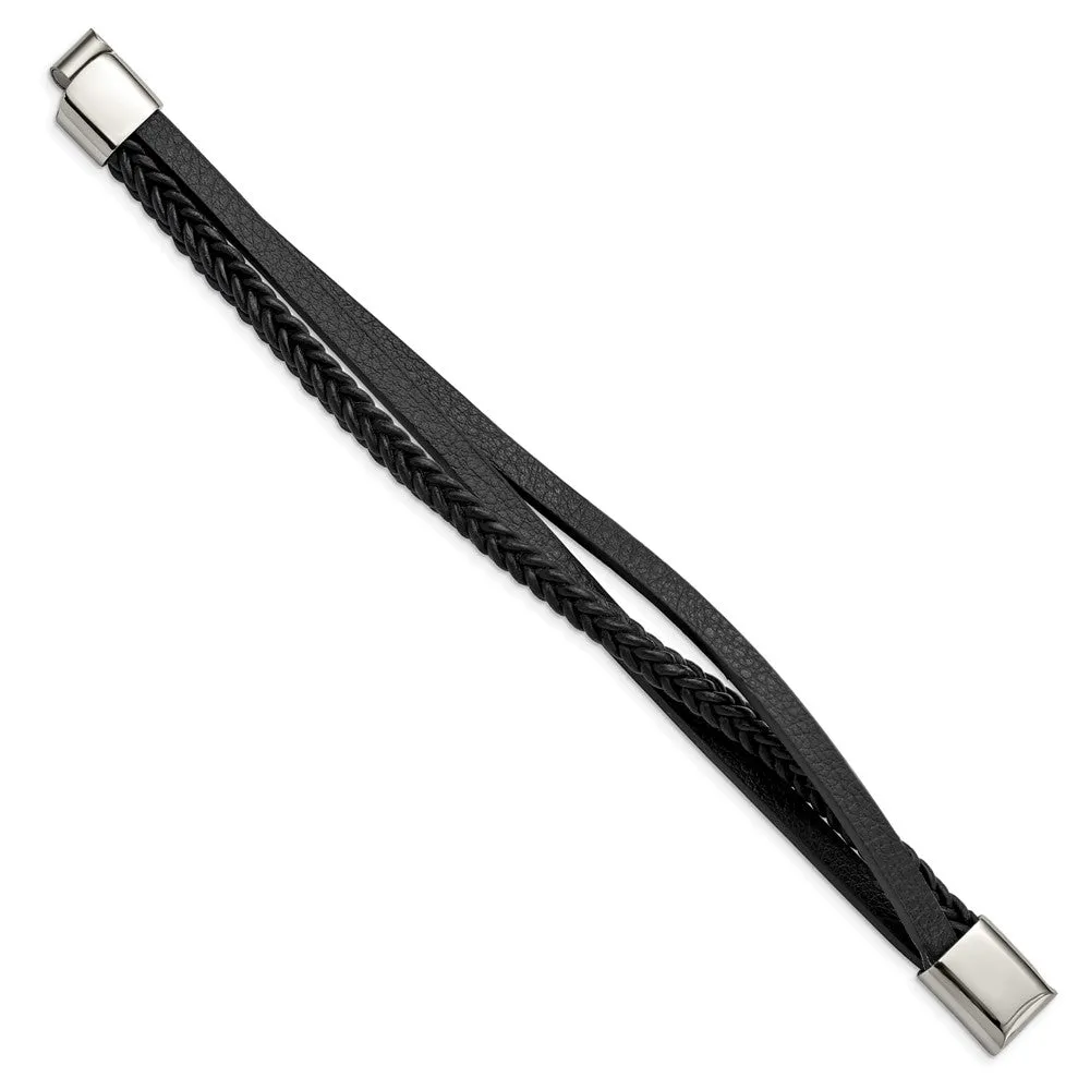 Stainless Steel & Black Leather Multi Strand Bracelet, 8.25 Inch