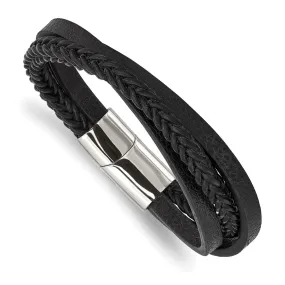 Stainless Steel & Black Leather Multi Strand Bracelet, 8.25 Inch