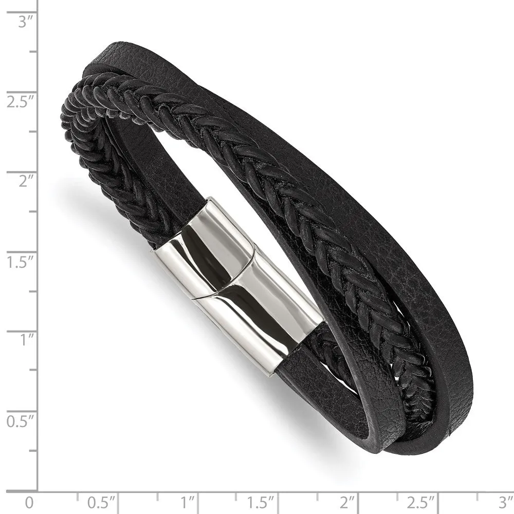 Stainless Steel & Black Leather Multi Strand Bracelet, 8.25 Inch