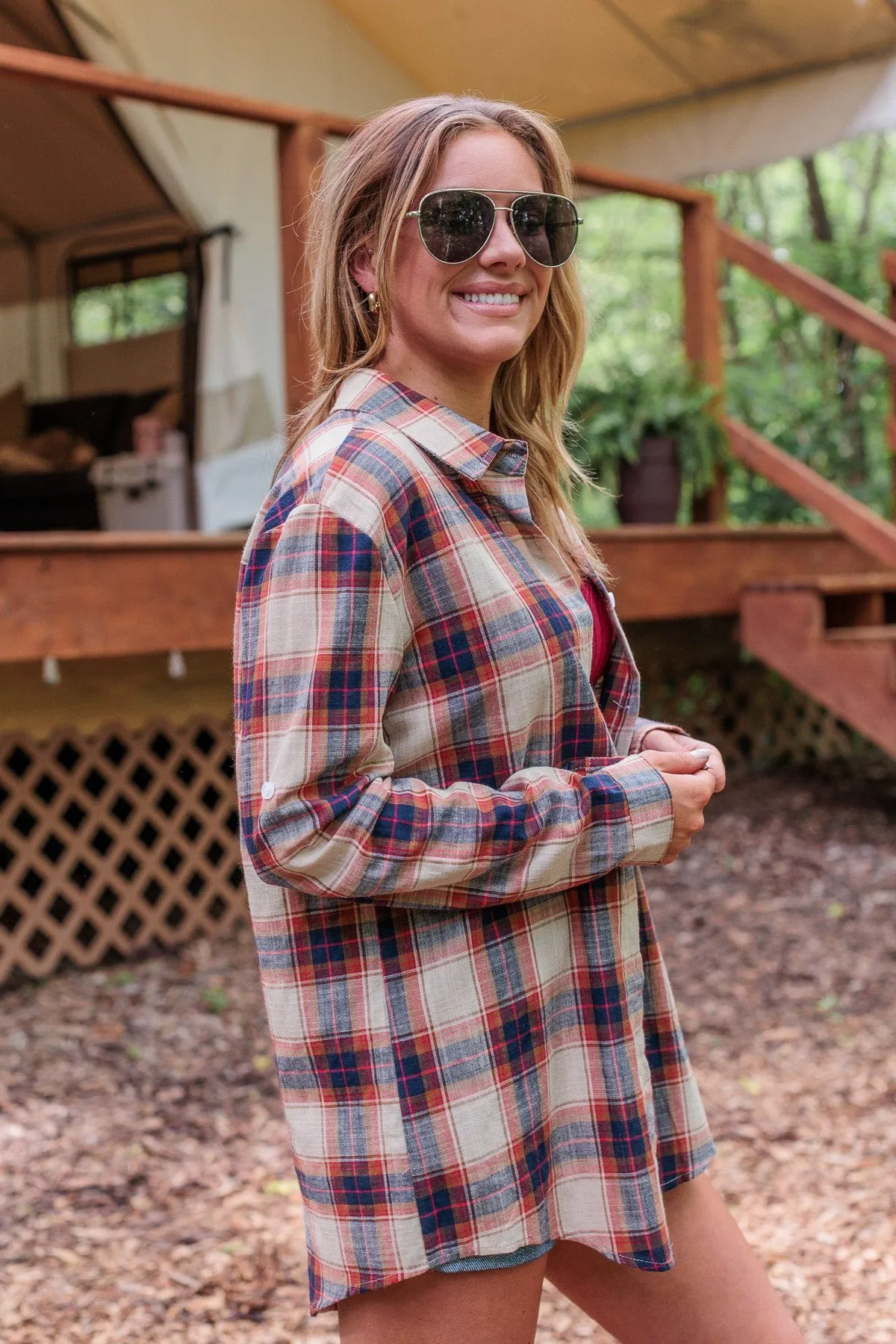 Starry Skies And Fireflies Button Down Top- Beige & Navy