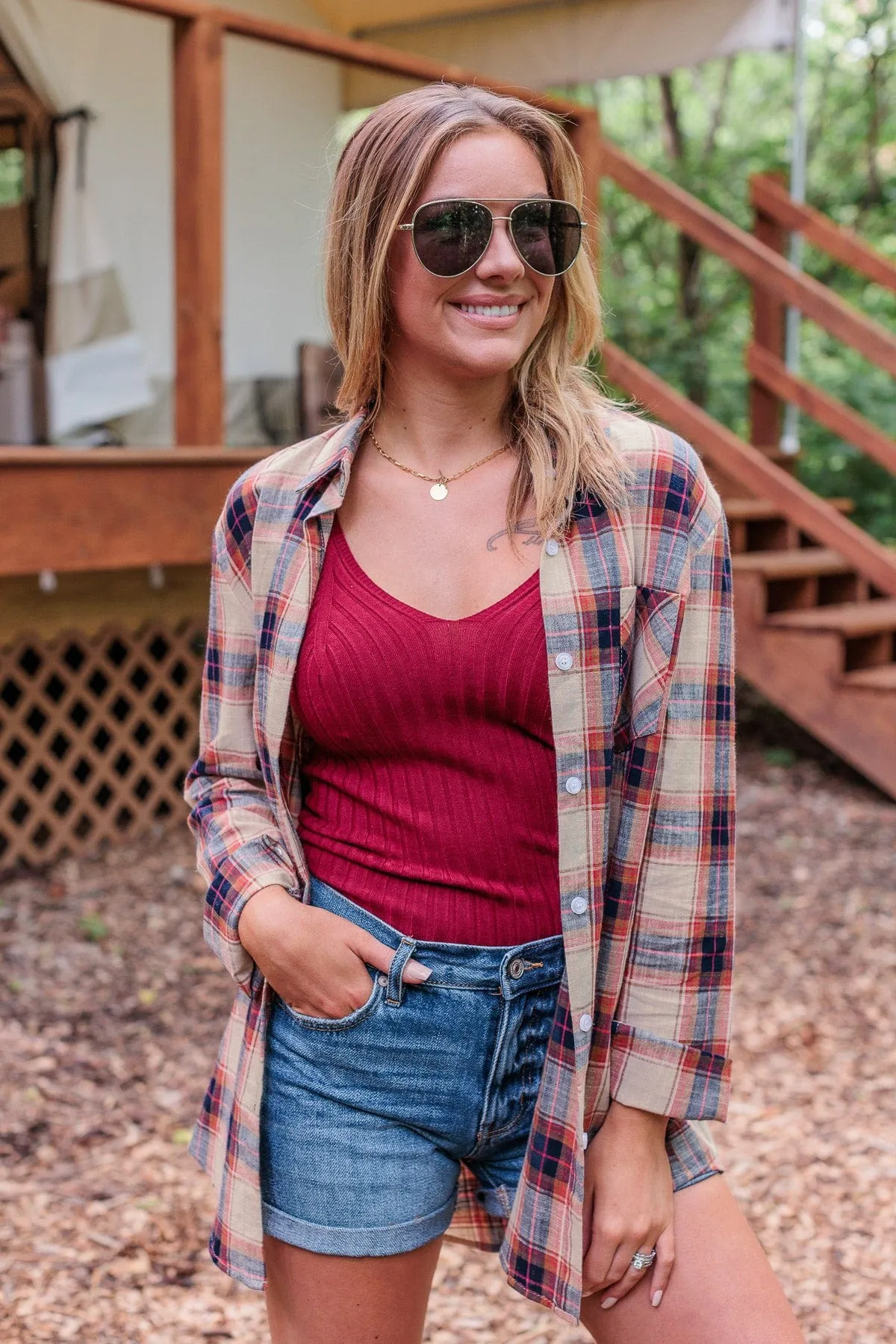 Starry Skies And Fireflies Button Down Top- Beige & Navy