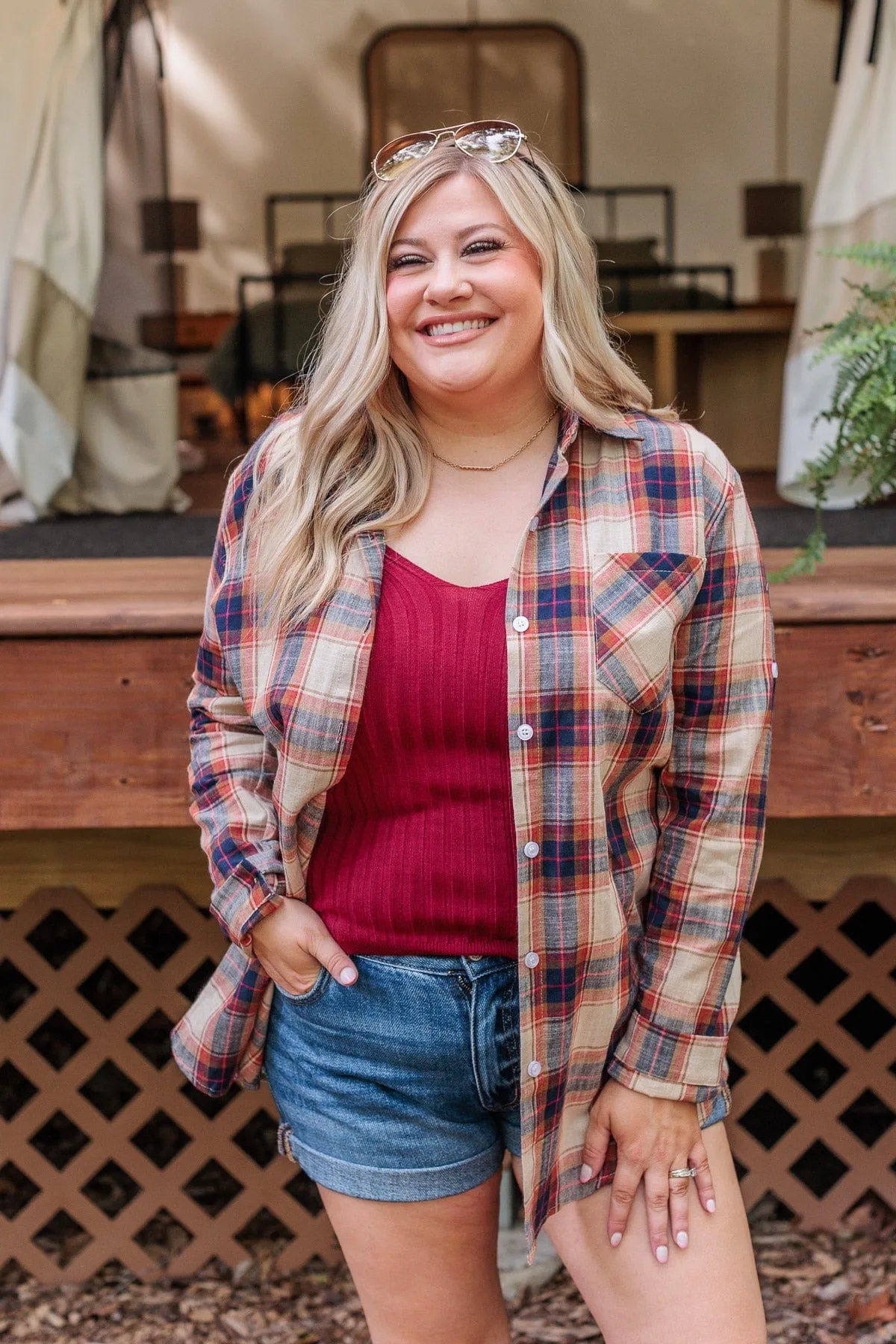 Starry Skies And Fireflies Button Down Top- Beige & Navy