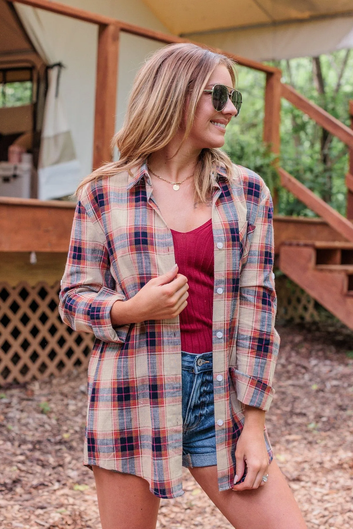 Starry Skies And Fireflies Button Down Top- Beige & Navy