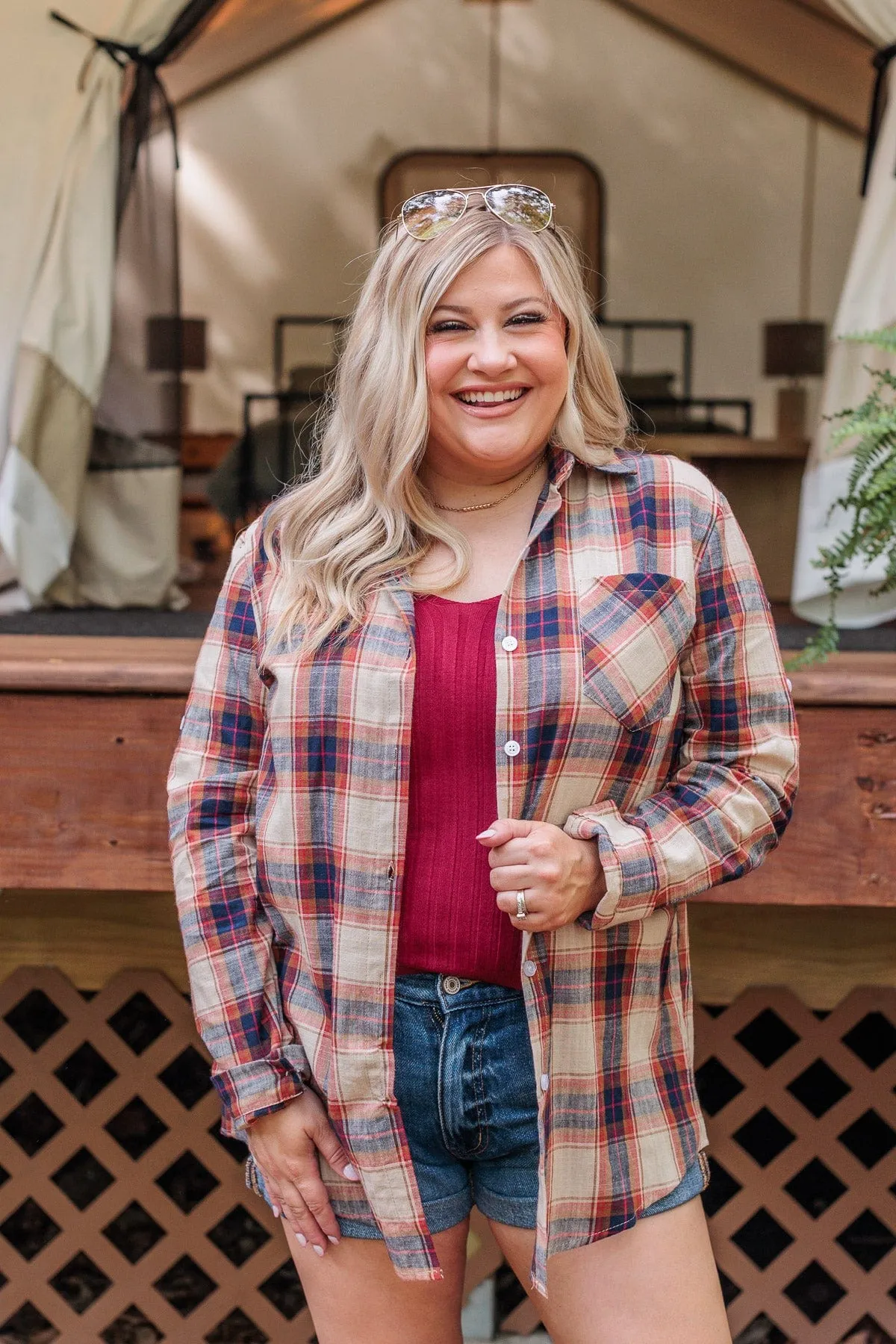 Starry Skies And Fireflies Button Down Top- Beige & Navy