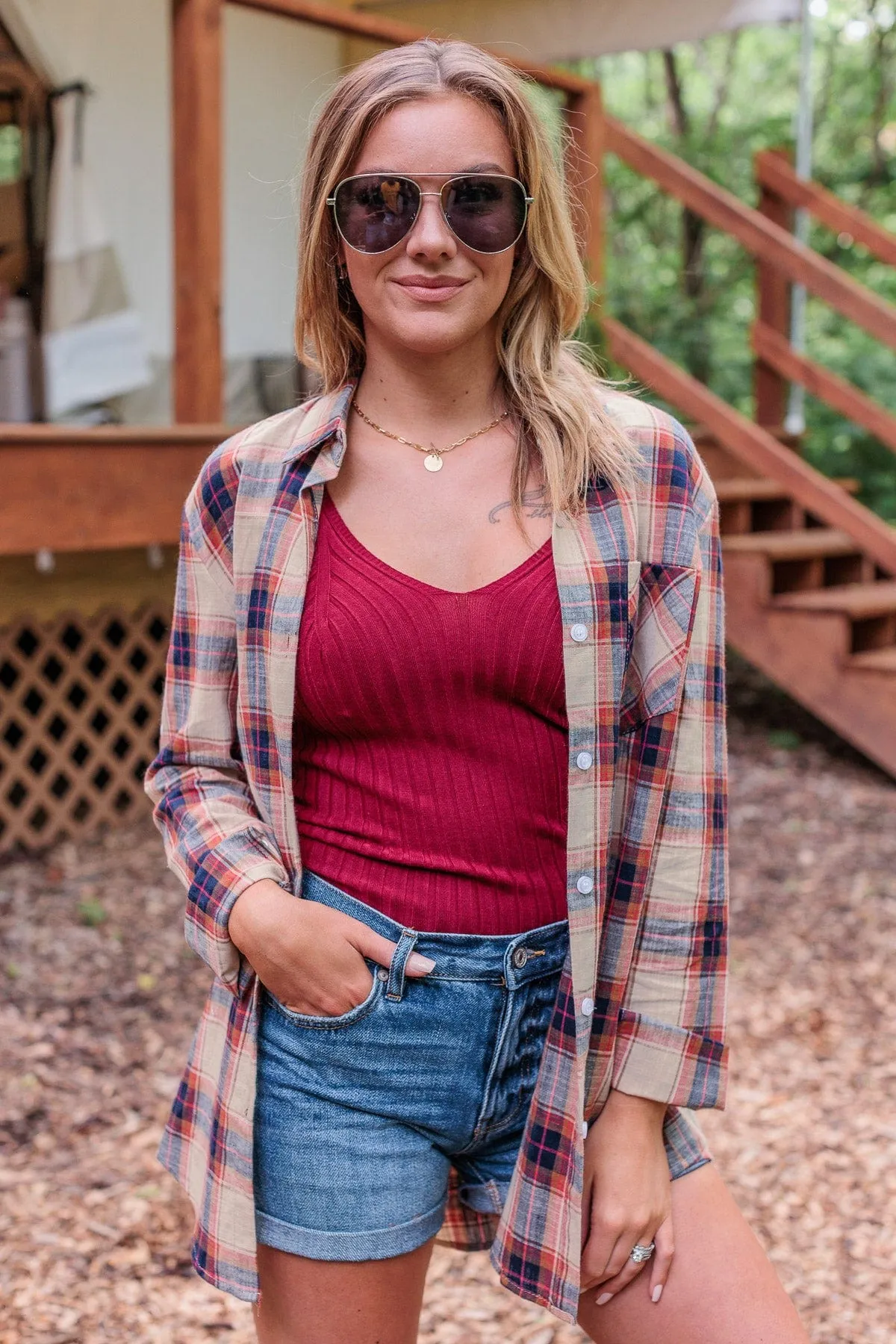 Starry Skies And Fireflies Button Down Top- Beige & Navy