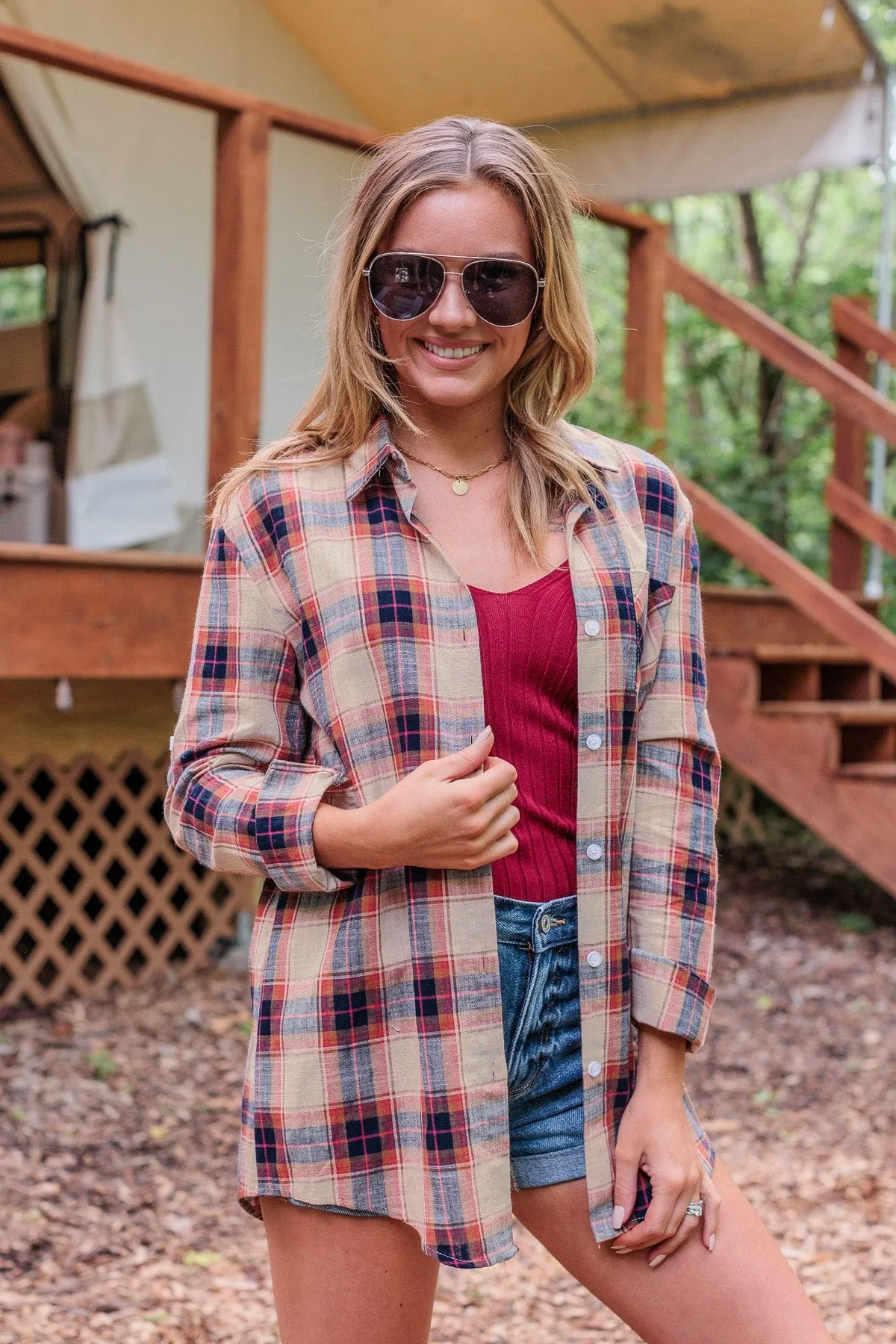 Starry Skies And Fireflies Button Down Top- Beige & Navy