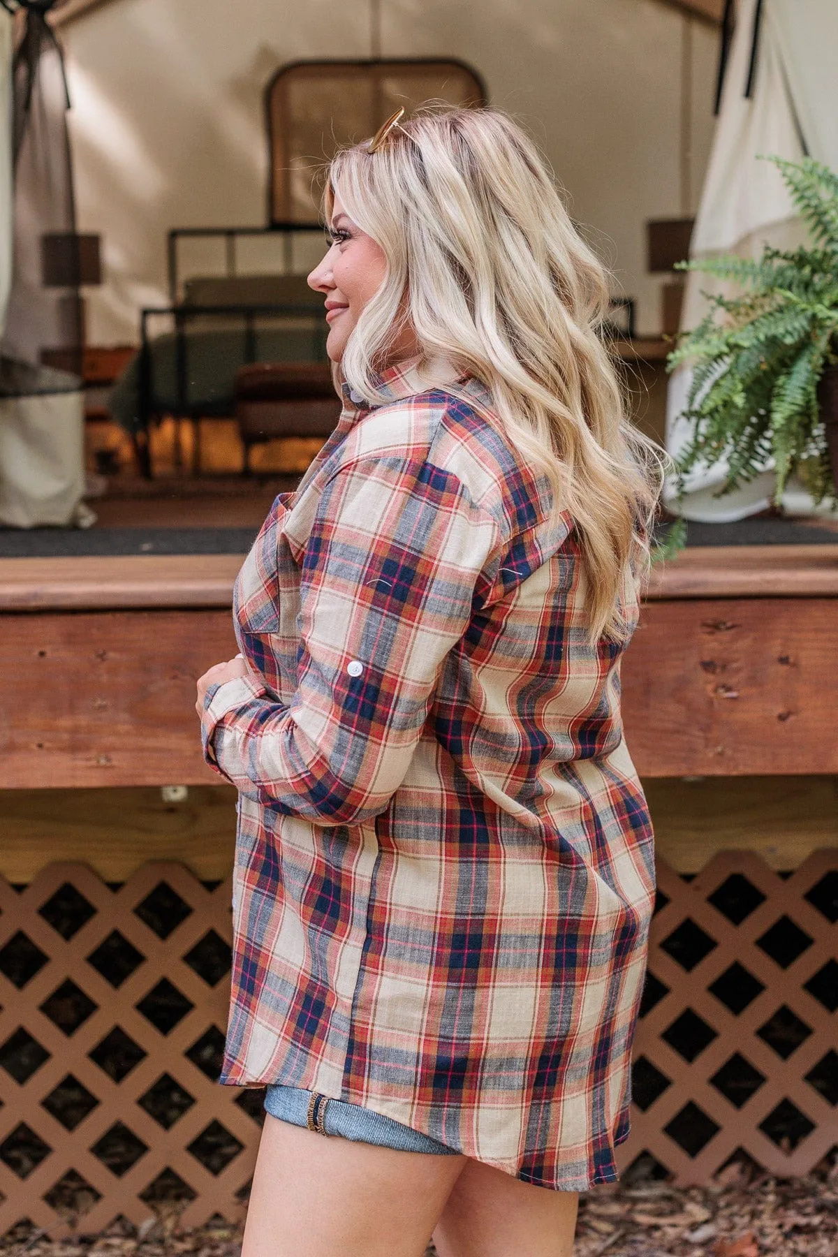 Starry Skies And Fireflies Button Down Top- Beige & Navy