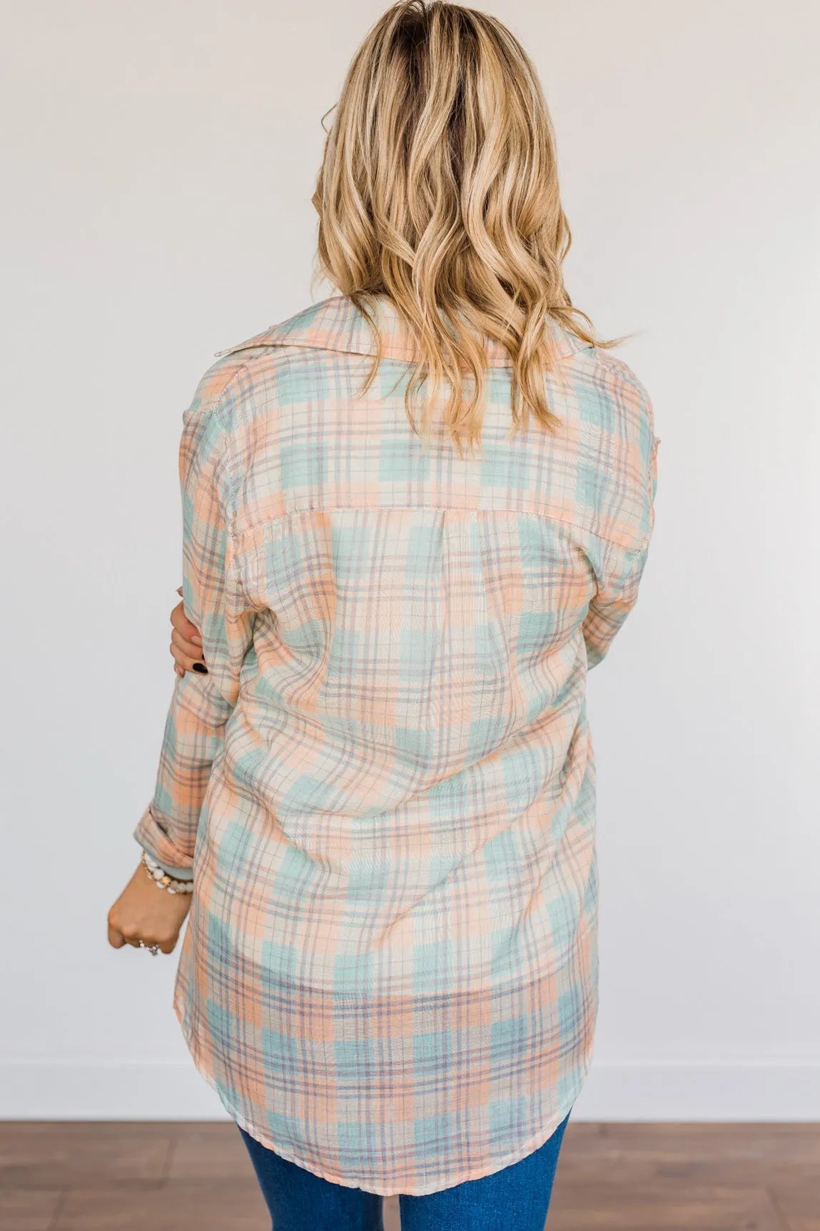 Tell Me Anything Button Down Plaid Top- Coral & Teal