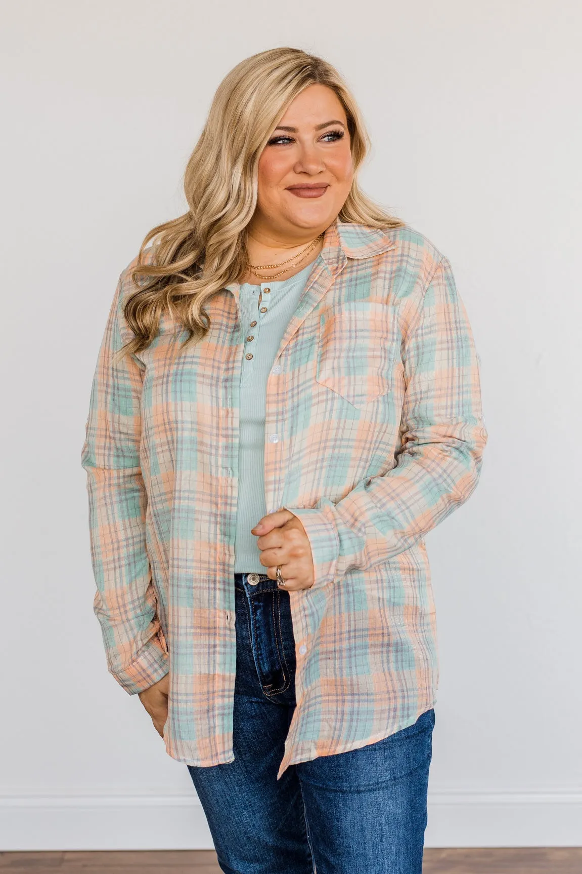 Tell Me Anything Button Down Plaid Top- Coral & Teal