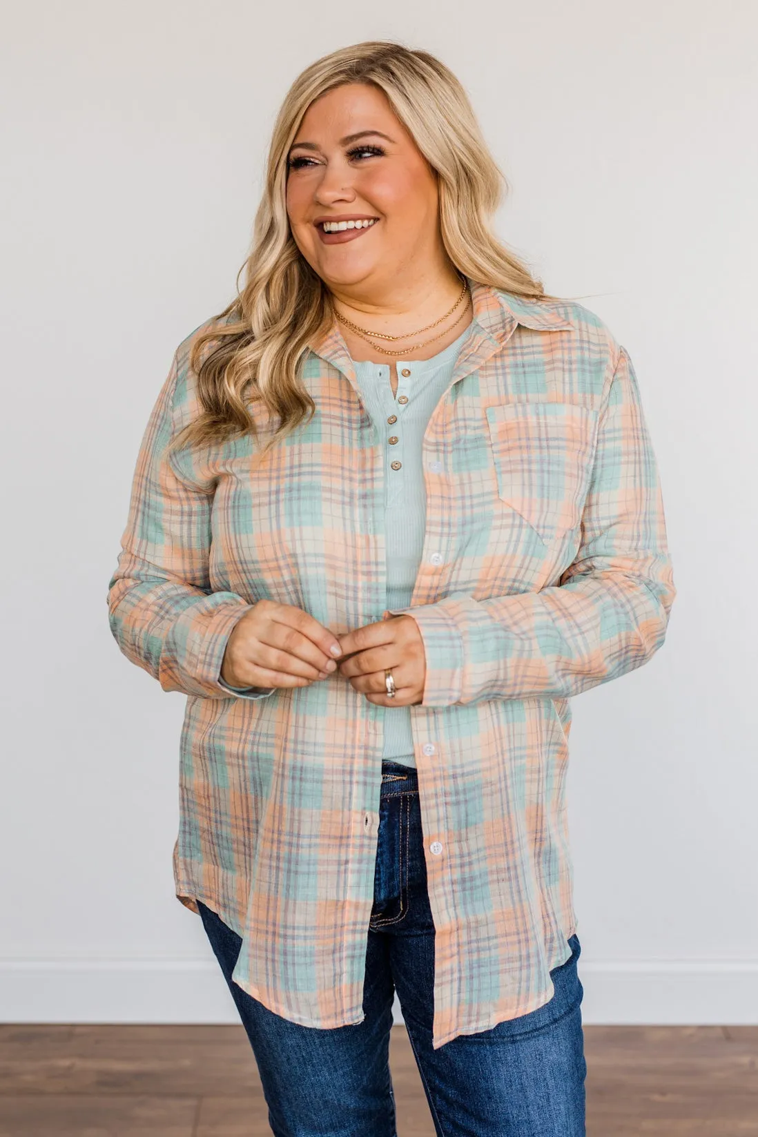 Tell Me Anything Button Down Plaid Top- Coral & Teal