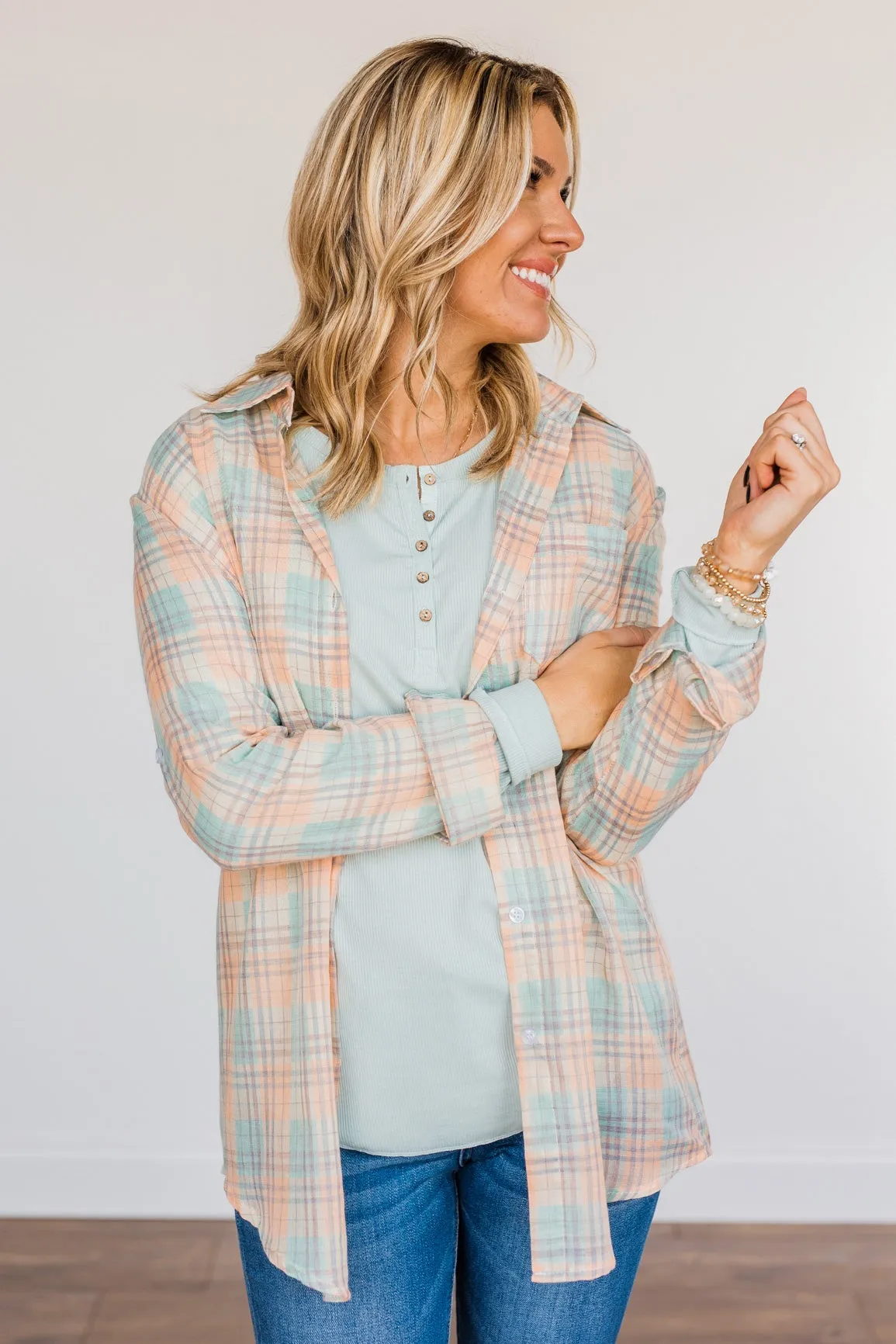 Tell Me Anything Button Down Plaid Top- Coral & Teal