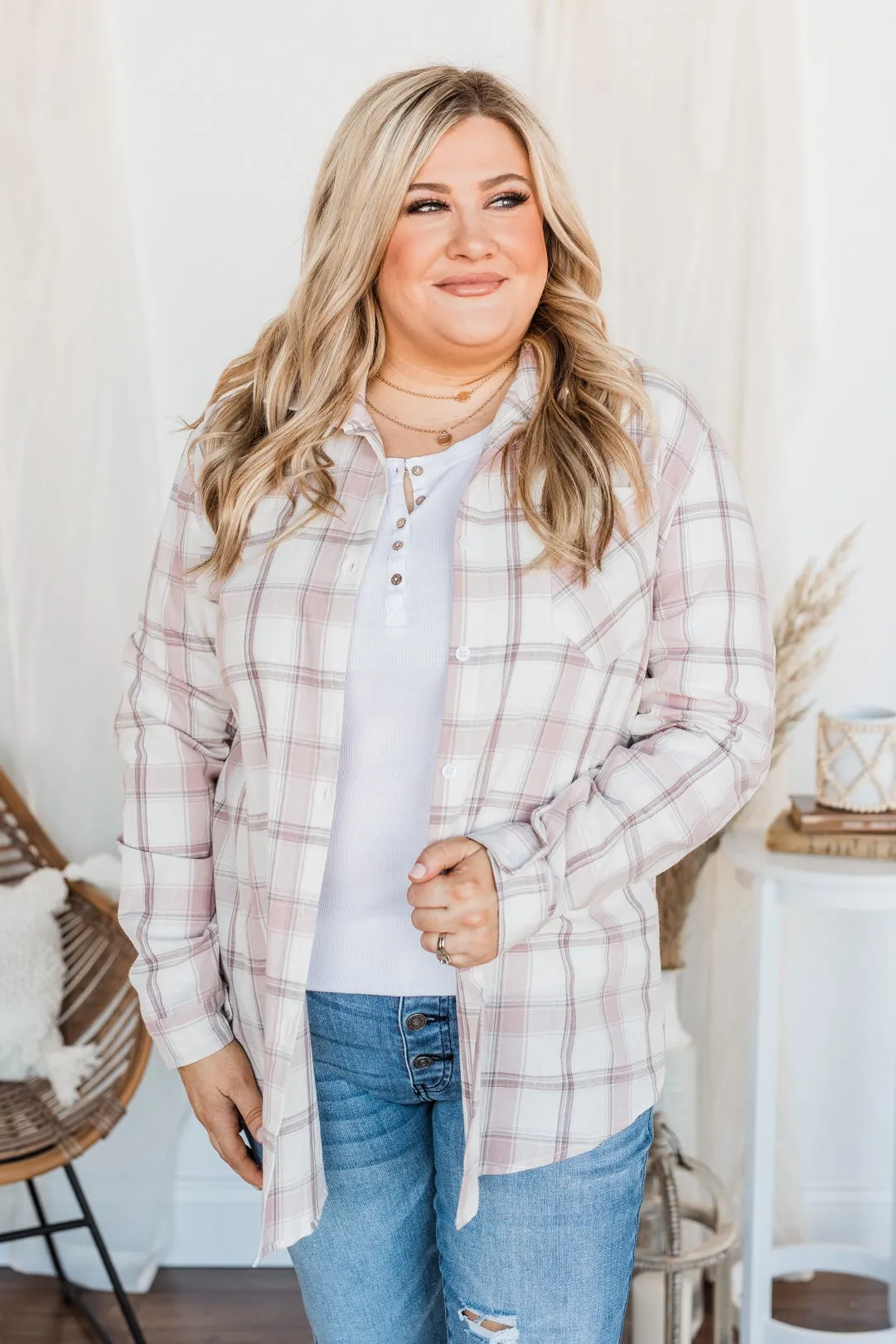 Tell Me Anything Button Down Plaid Top- Mauve & Ivory