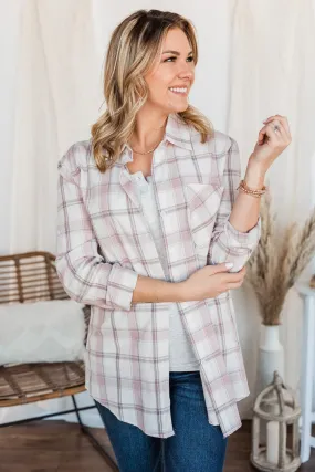 Tell Me Anything Button Down Plaid Top- Mauve & Ivory