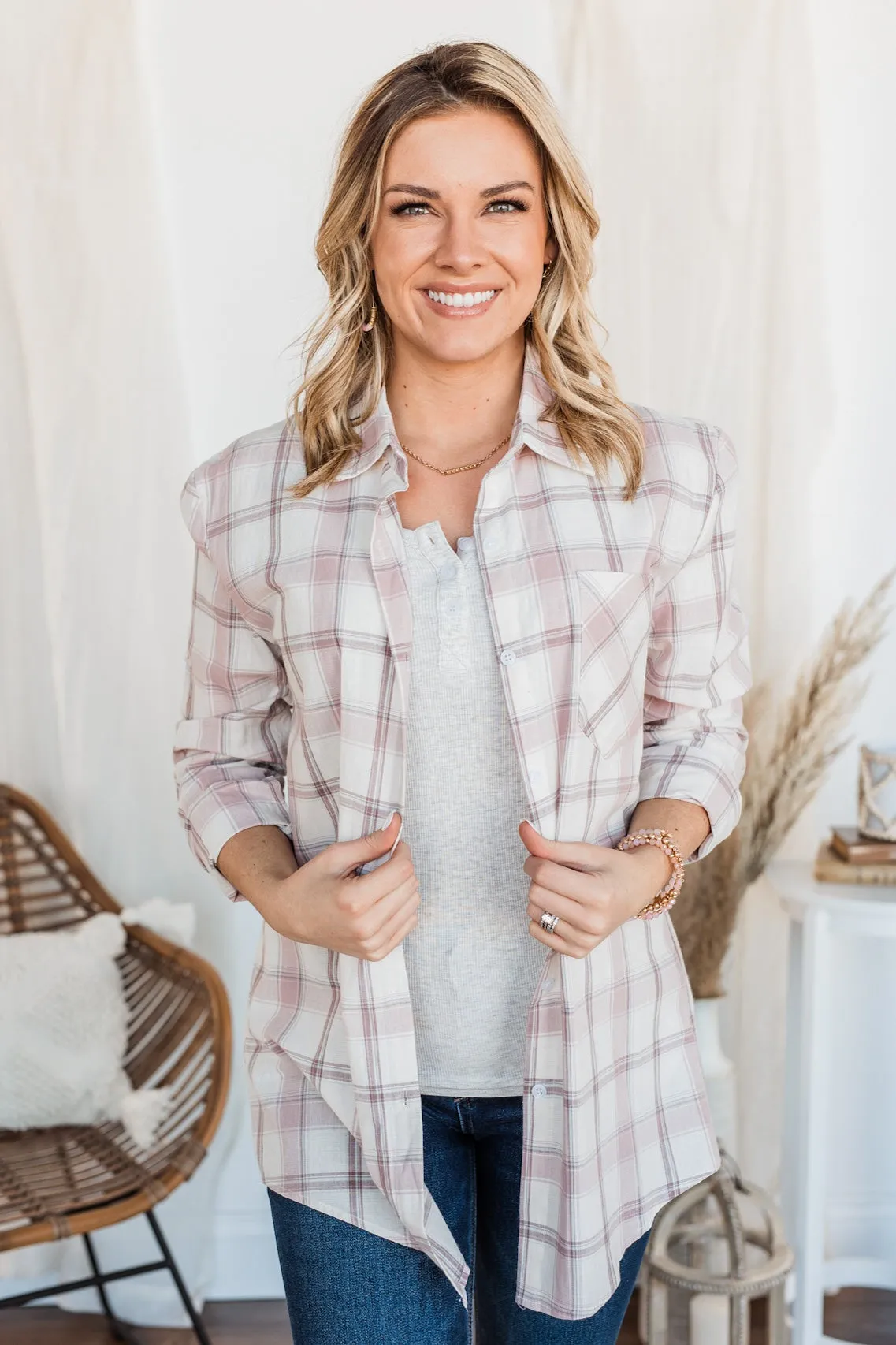 Tell Me Anything Button Down Plaid Top- Mauve & Ivory