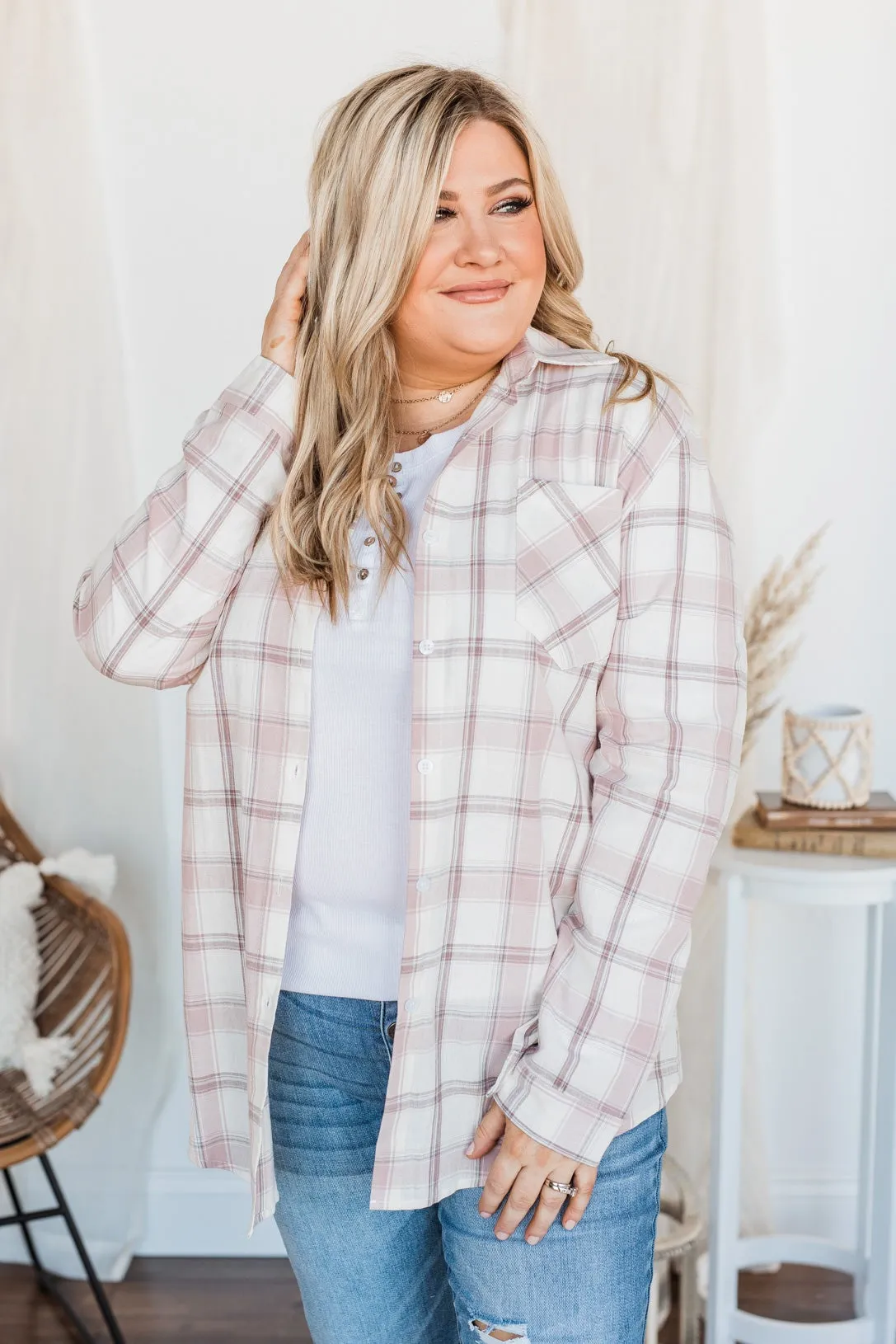 Tell Me Anything Button Down Plaid Top- Mauve & Ivory