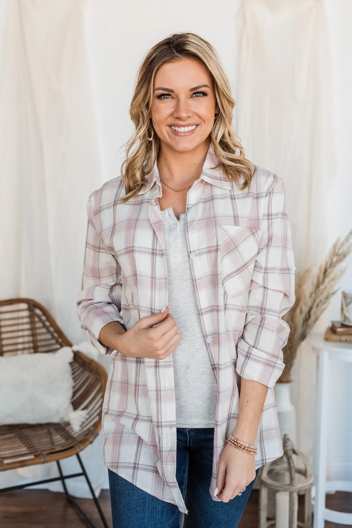 Tell Me Anything Button Down Plaid Top- Mauve & Ivory