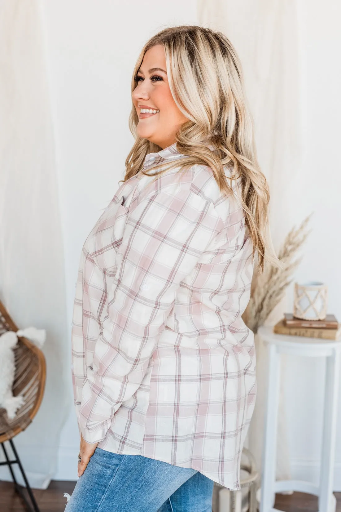 Tell Me Anything Button Down Plaid Top- Mauve & Ivory