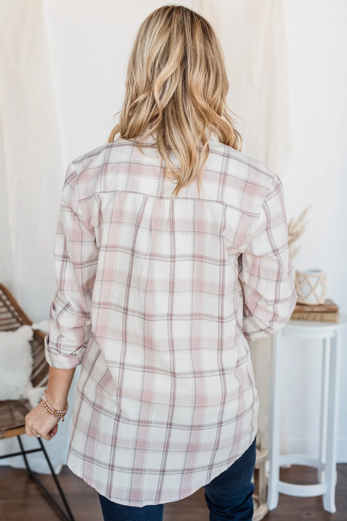 Tell Me Anything Button Down Plaid Top- Mauve & Ivory