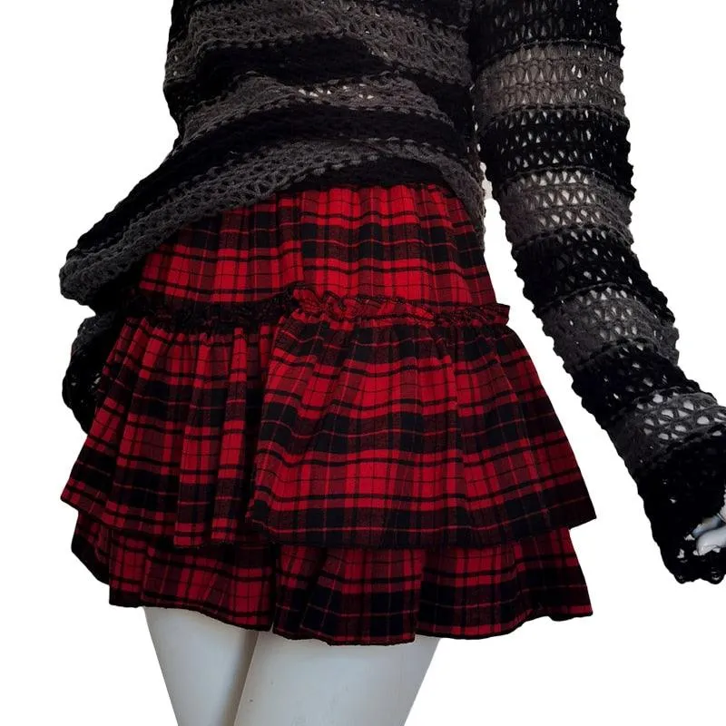 Unleash Your Dark Gothic Side with Our Ruffled Elastic Waist Striped Plaid Mini Skirt